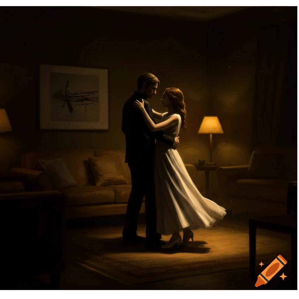 A man and woman dancing in a dimly lit living room.