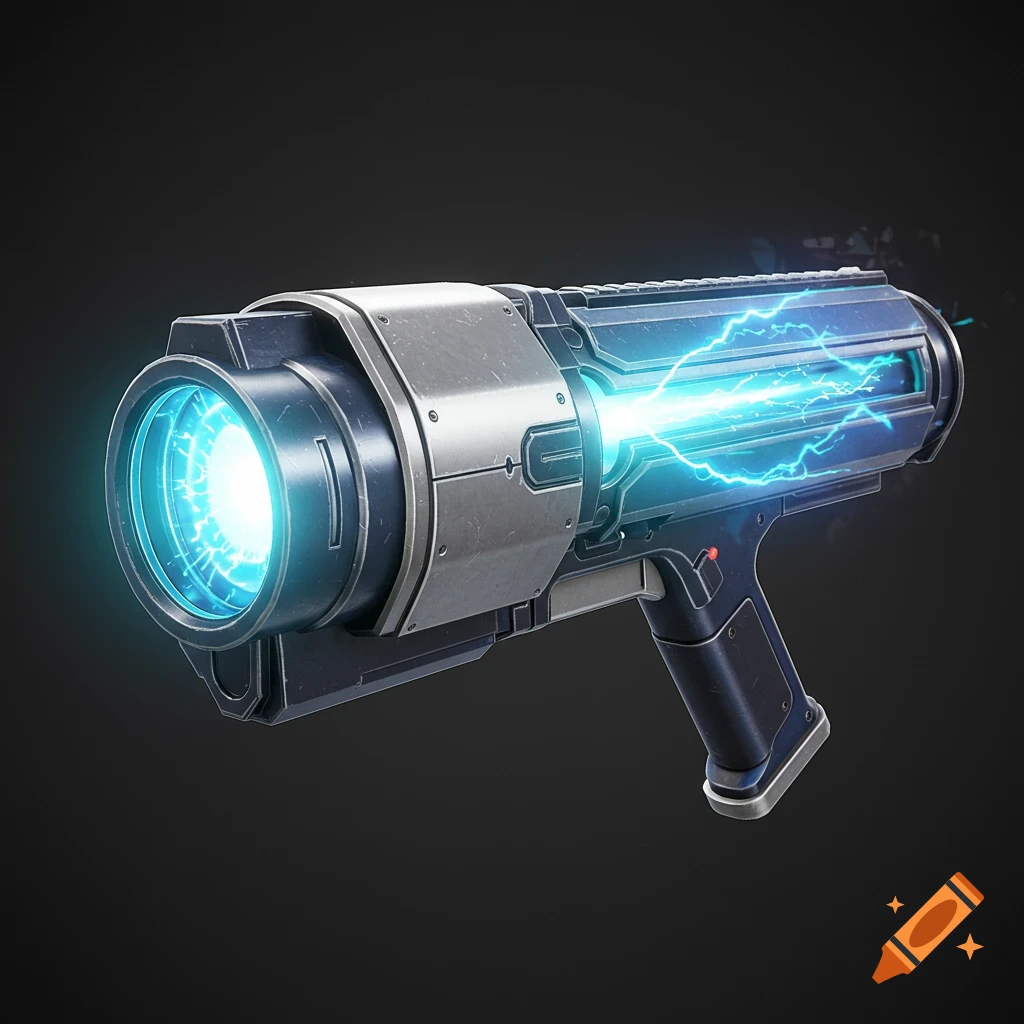 A detailed 3D render of a futuristic sci-fi beam weapon emitting blue electricity against a dark background.
