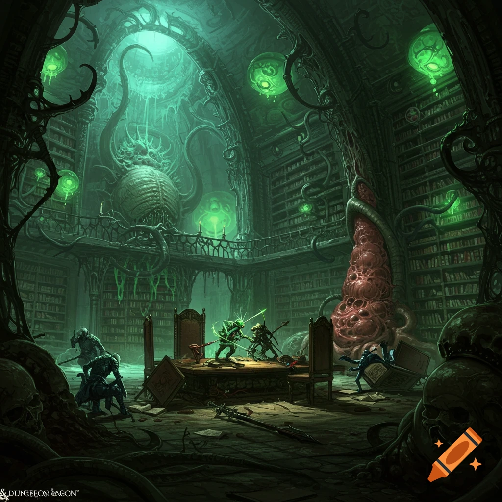 A fantasy battle takes place in a dark, HR Giger-inspired library.