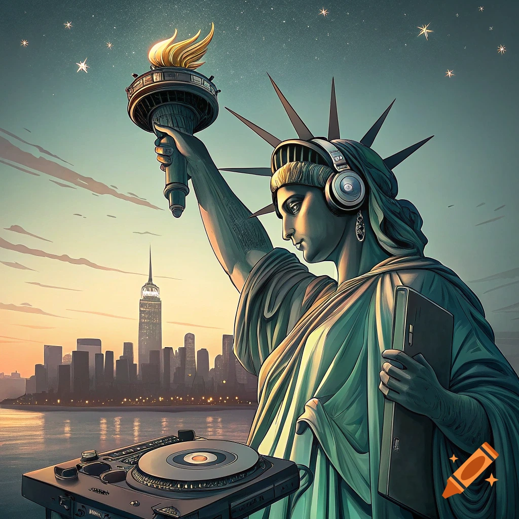 Statue of Liberty wearing headphones, holding a book, and standing behind a DJ turntable with the NYC skyline at sunset in the background.