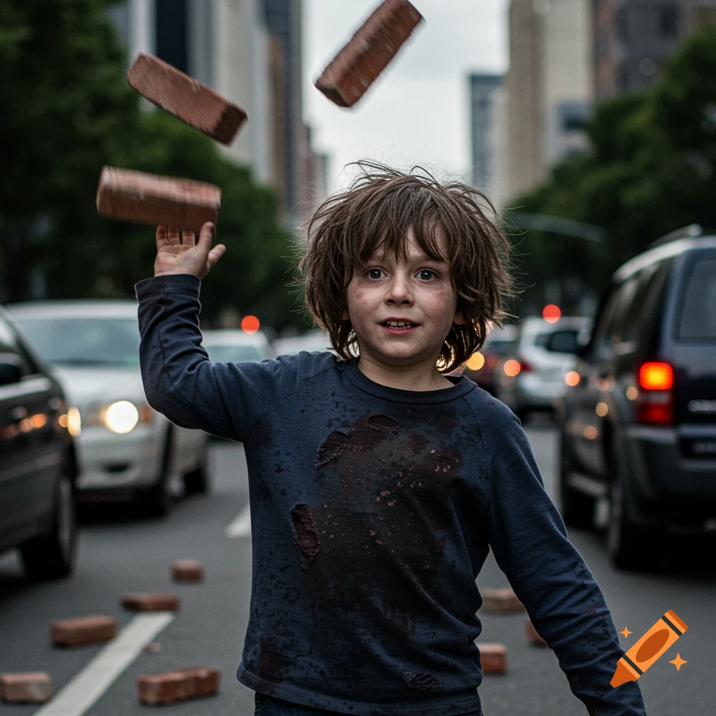Child throws bricks in busy city street.
