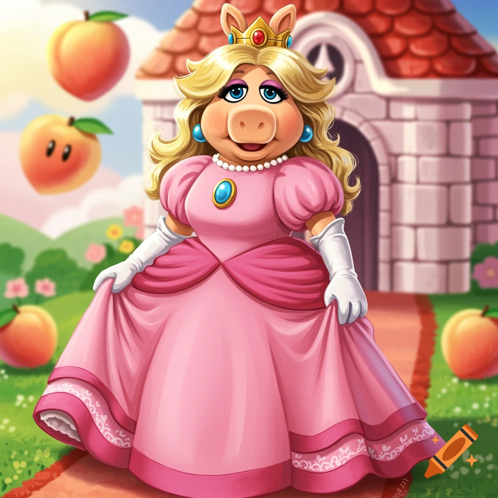 Miss Piggy, dressed as Princess Peach, stands outside a castle with floating peaches.