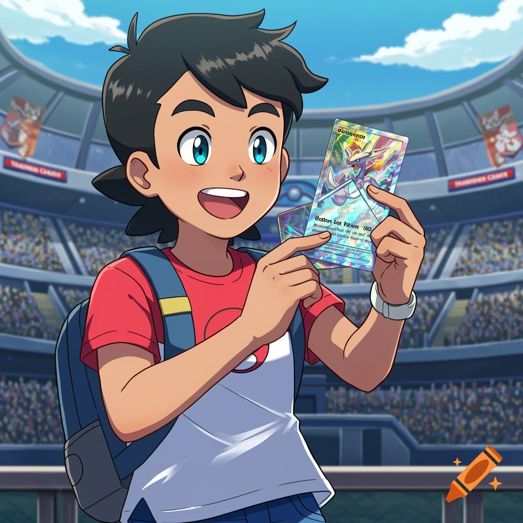 Anime style image of a young person in a stadium holding a holographic trading card.