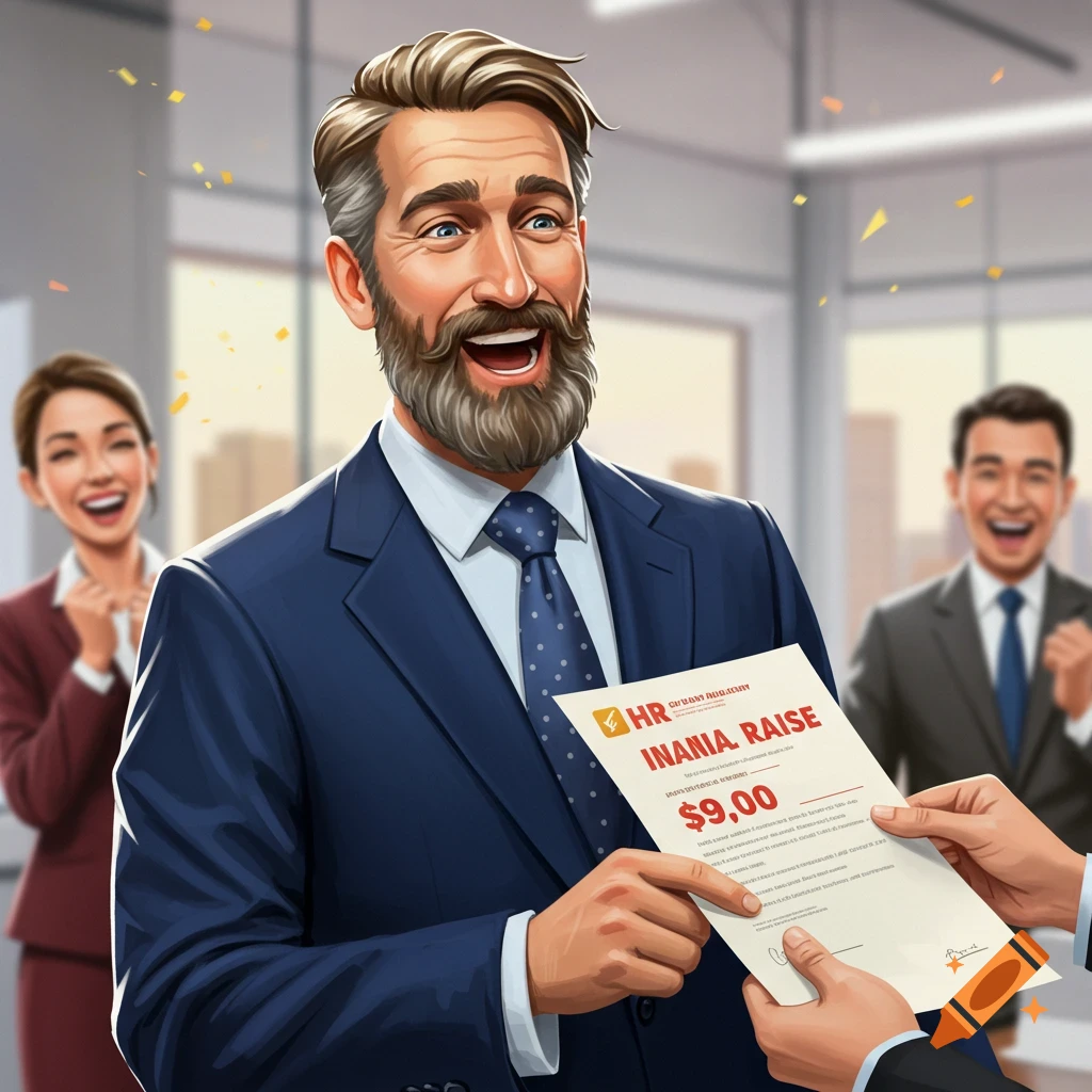 A man is receiving a document and celebrating a financial raise in an office with coworkers.