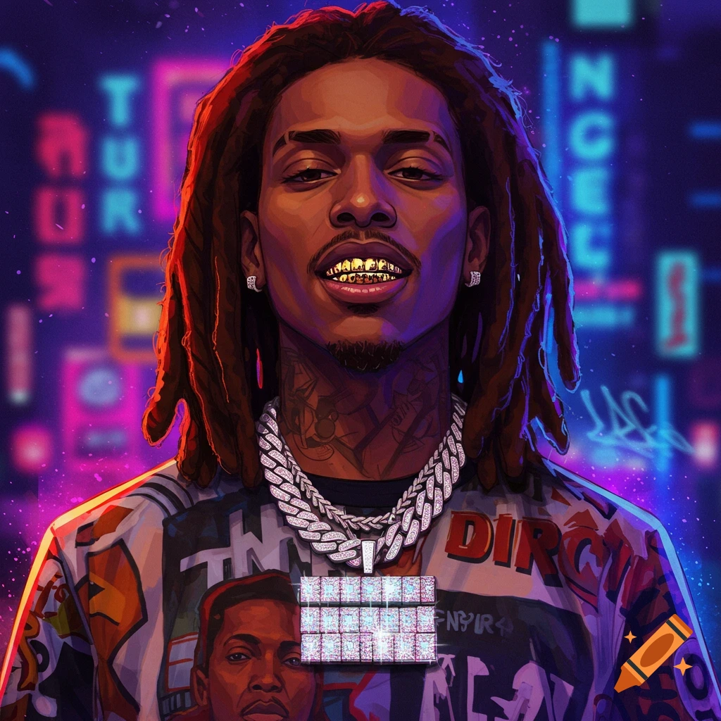 A person with dreads, grillz, and chains in front of a neon city background.