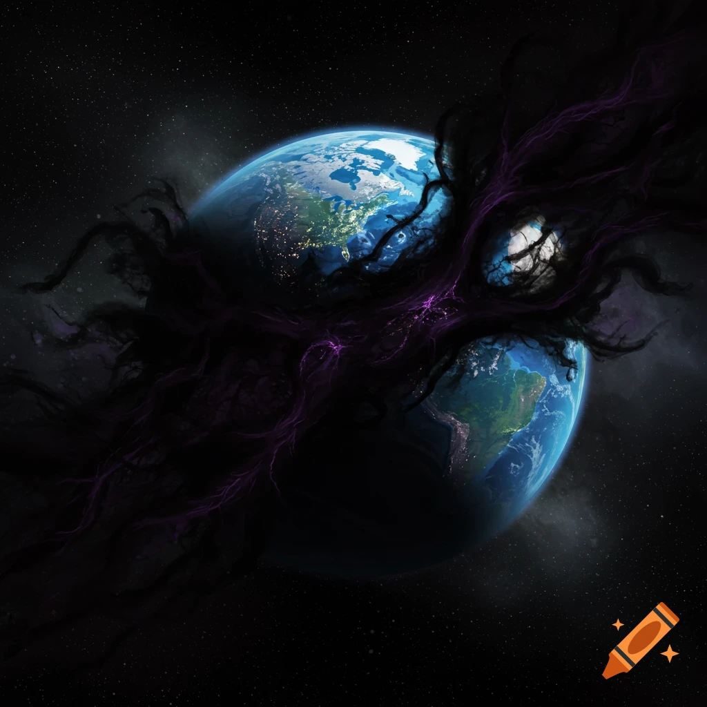 Planet Earth is being enveloped by dark, tentacled tendrils with a large eye in space.