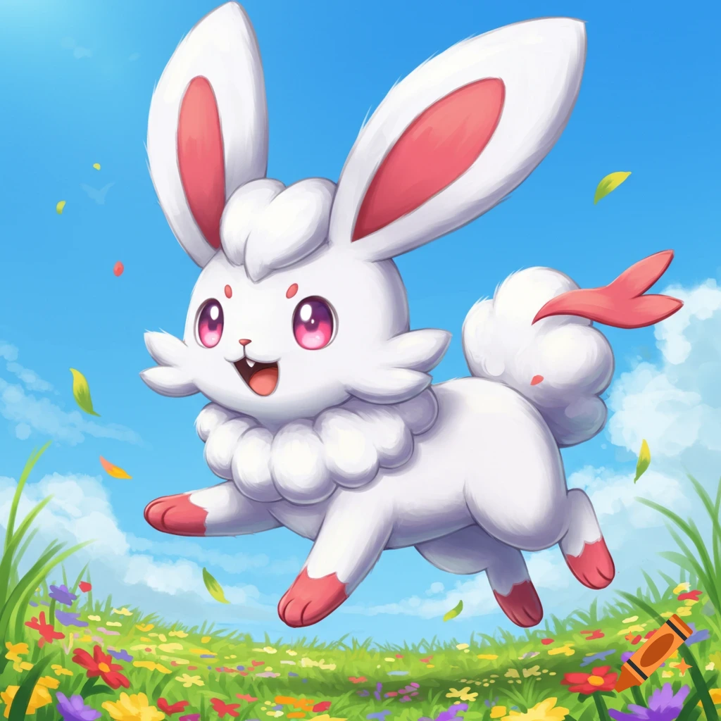 A white rabbit Pokemon jumps through a flower field.