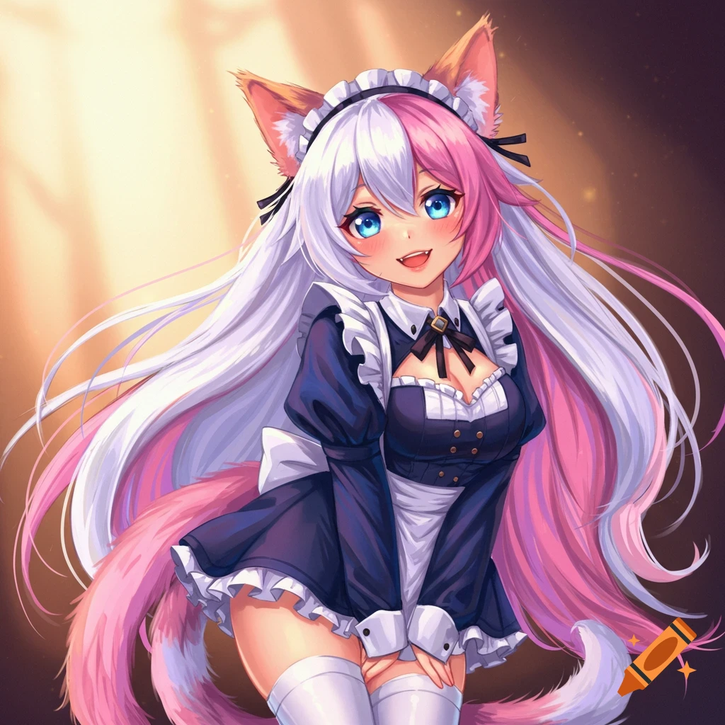 A catgirl with split white and pink hair and blue eyes, wearing a maid outfit.
