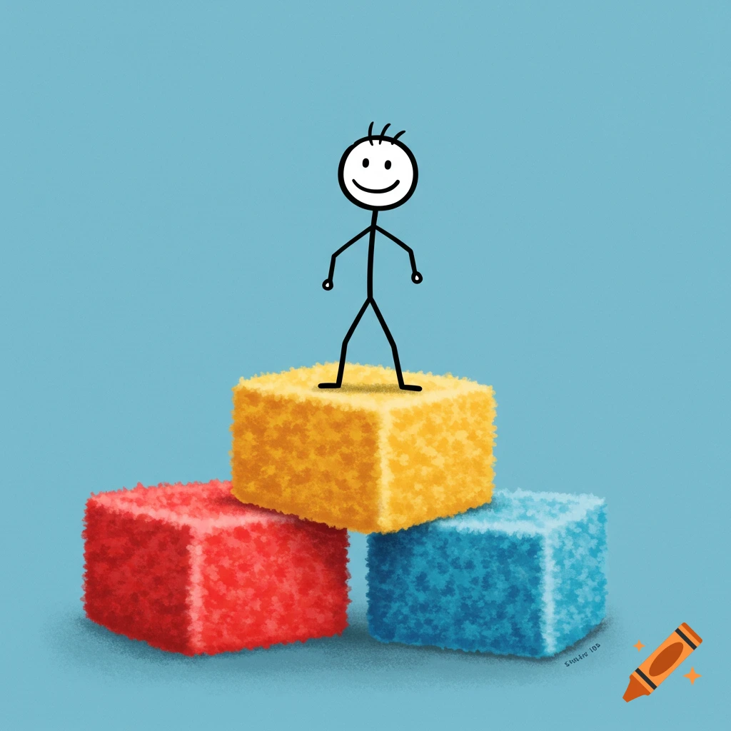 A stick figure stands on a yellow block, which rests on red and blue blocks. Simple digital illustration.