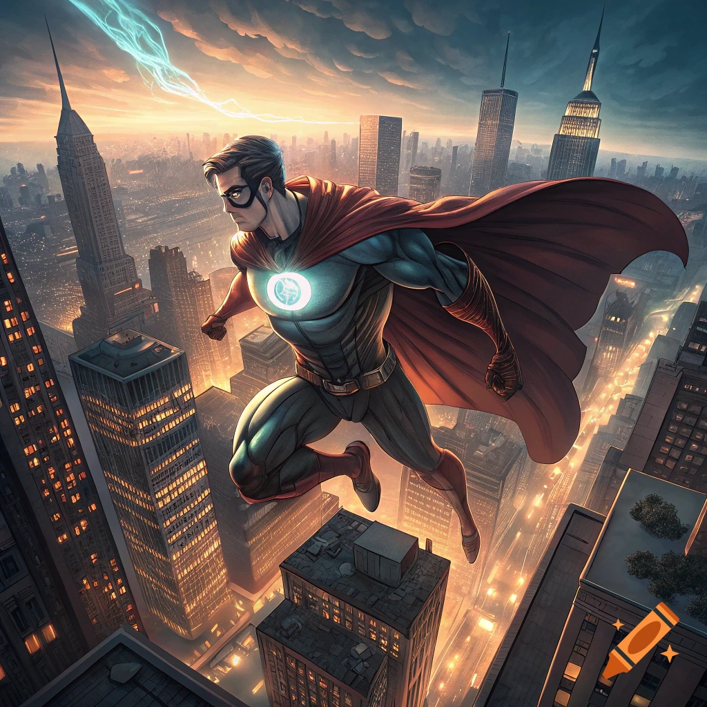 A superhero with a red cape flies over a city skyline at sunset in a comic book style.