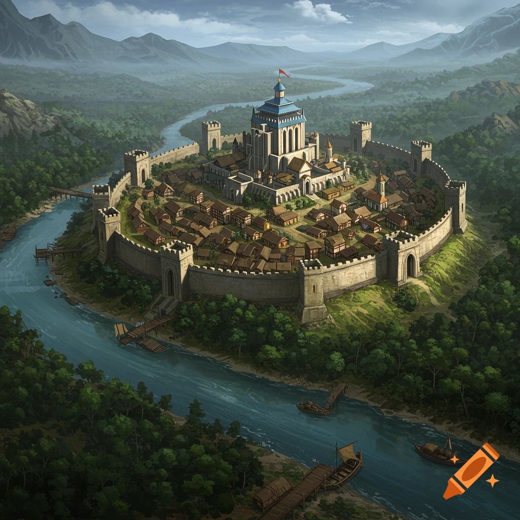 A walled medieval fantasy village with a castle by a river in a forest.