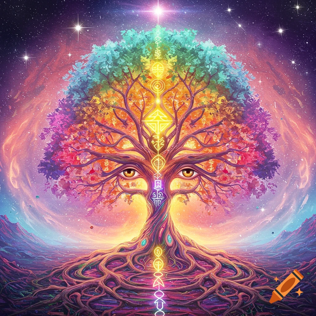 A vibrant, rainbow-colored tree with human-like eyes embedded in its trunk, its roots spreading over a cosmic landscape.