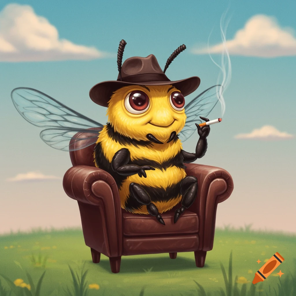 Cartoon bee wearing a cowboy hat sitting in an armchair and smoking a cigarette in a field.