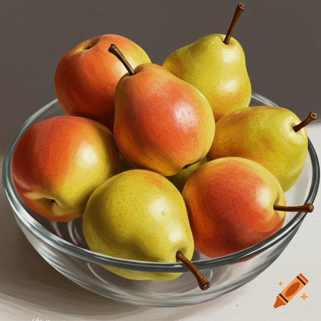 Red and yellow pears in a glass bowl