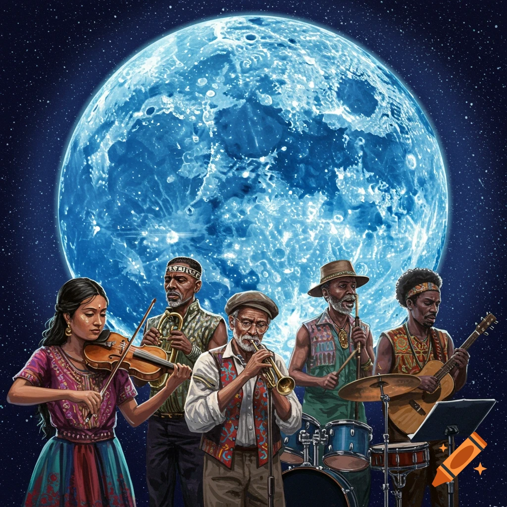 A band playing instruments in front of a large blue moon and stars.