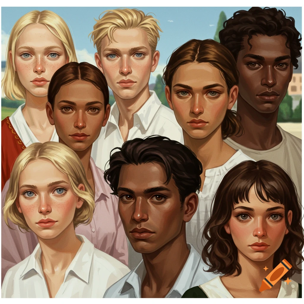 A close-up of a group of diverse young adults looking forward.