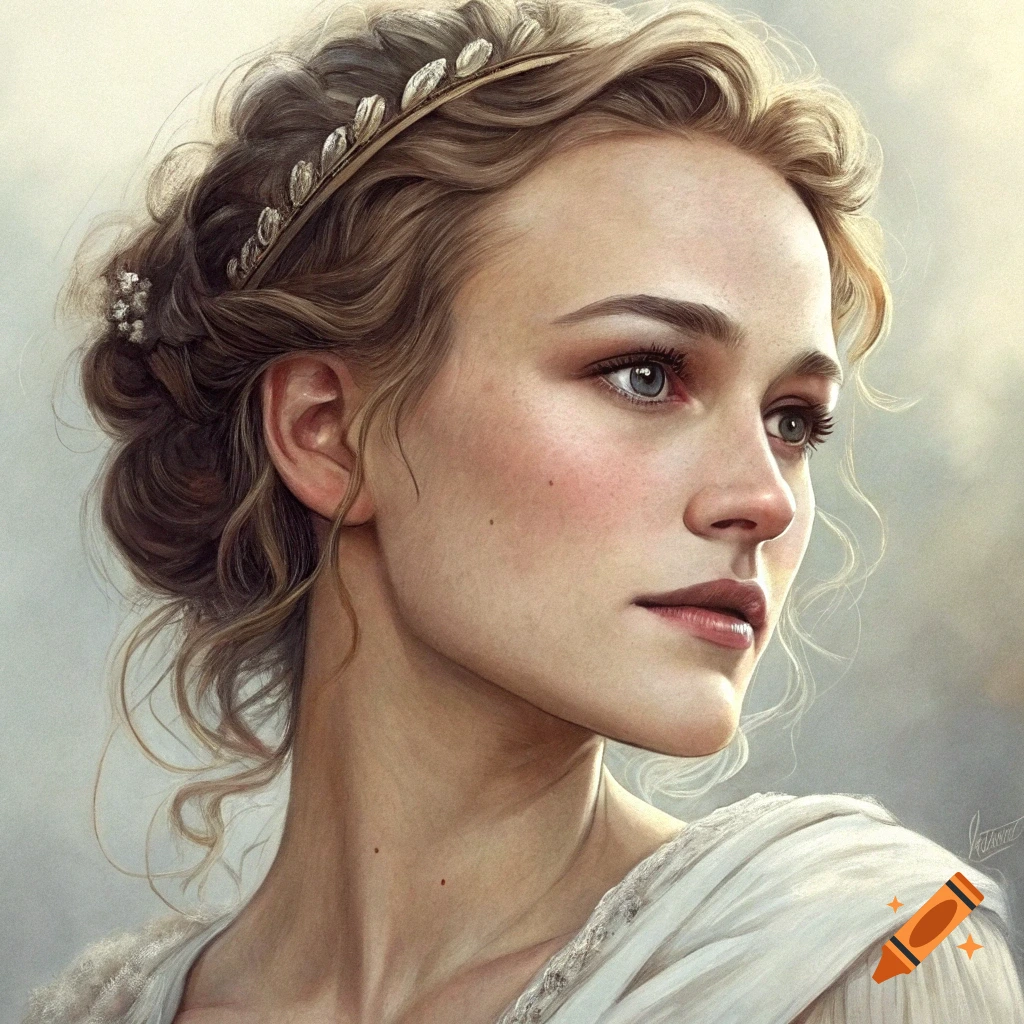 Painted portrait of a woman with a braided bun, golden leaf headpiece, and white garment