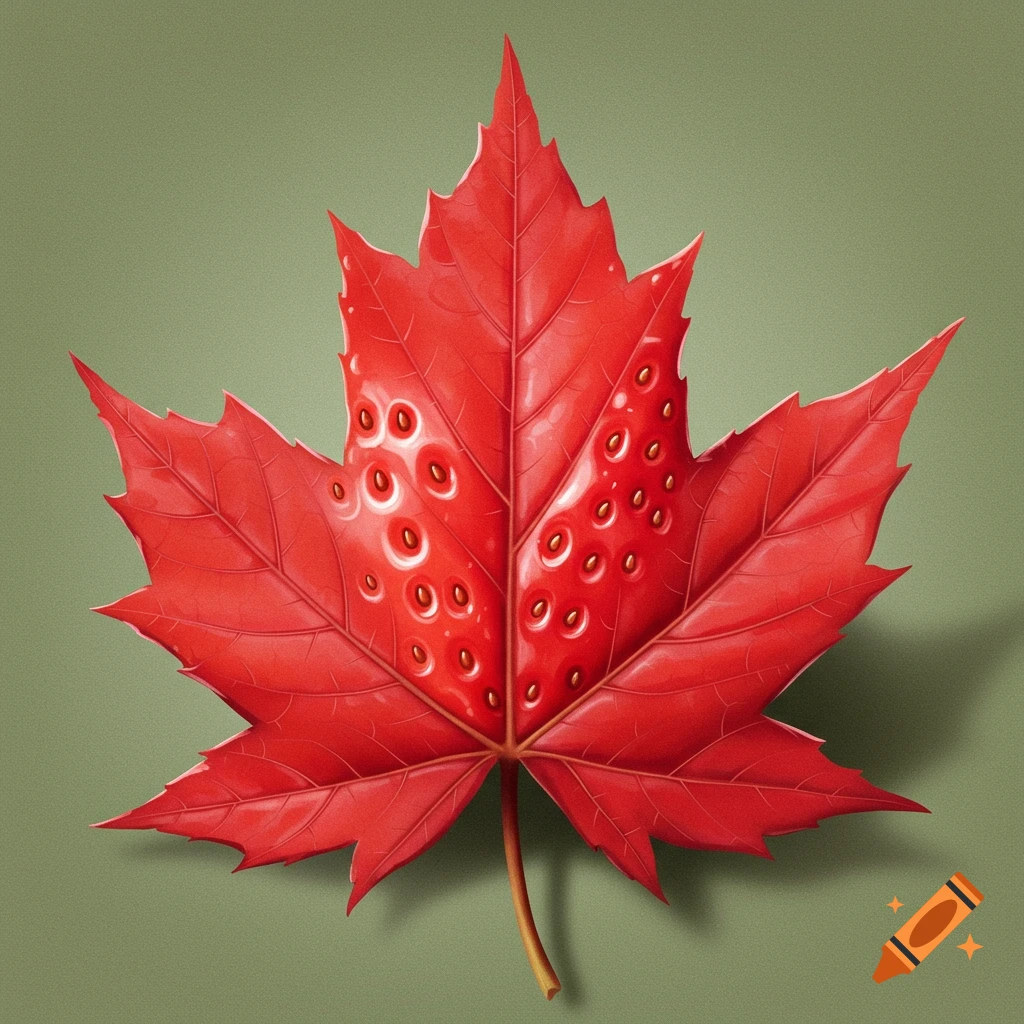 A red maple leaf with strawberry texture.