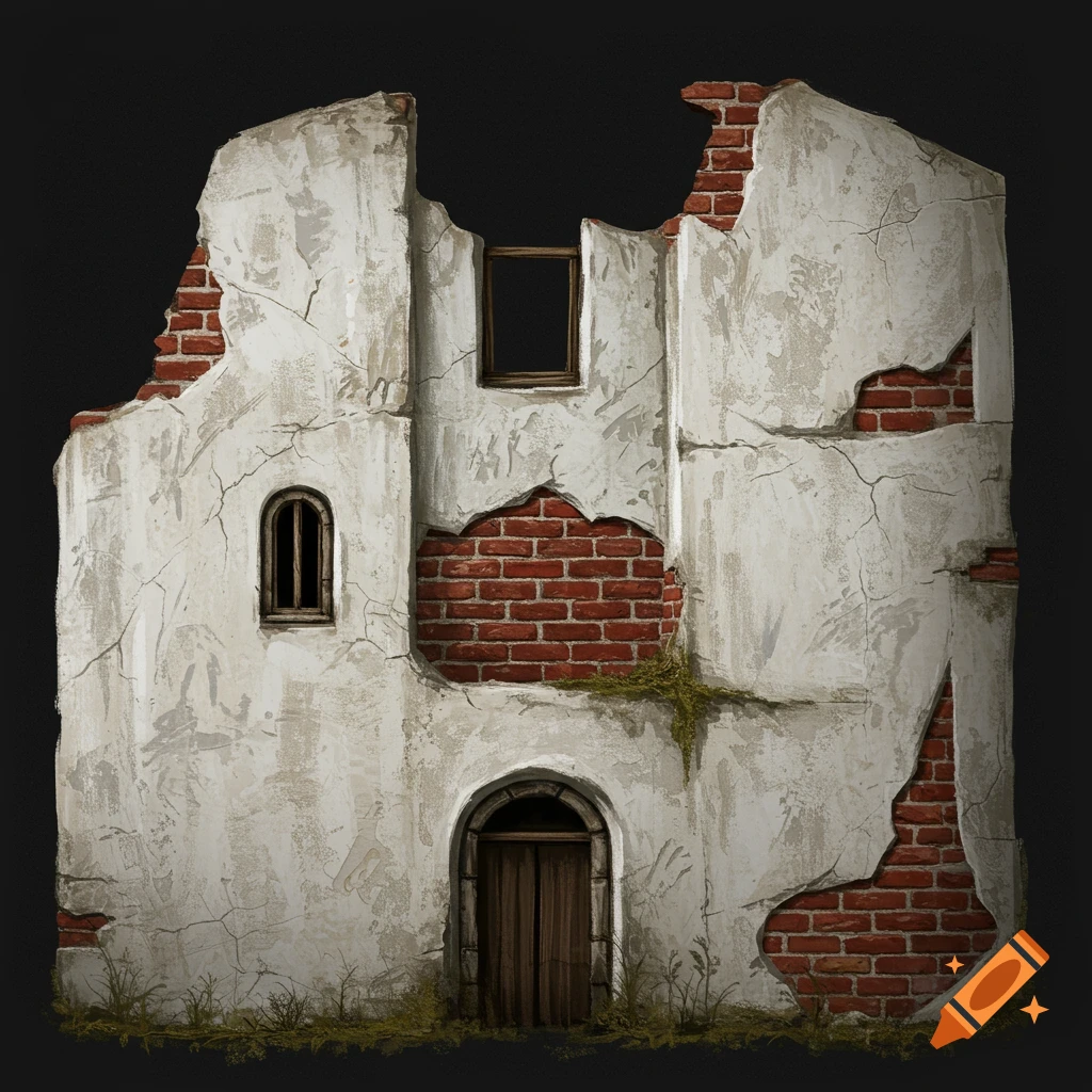 A ruined building wall with peeling white plaster revealing red brick, windows, and a door.
