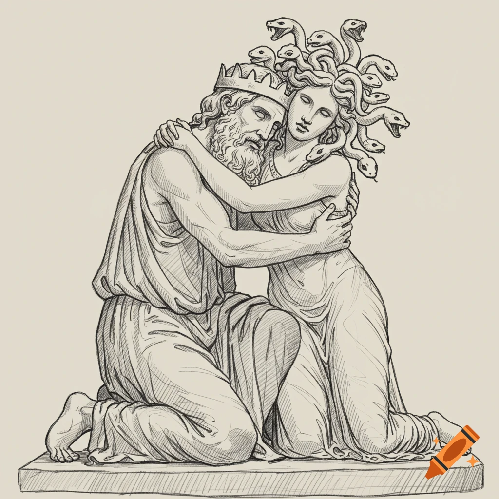 Sketch of a statue of a bearded man in a crown hugging a woman with snakes for hair, both kneeling.