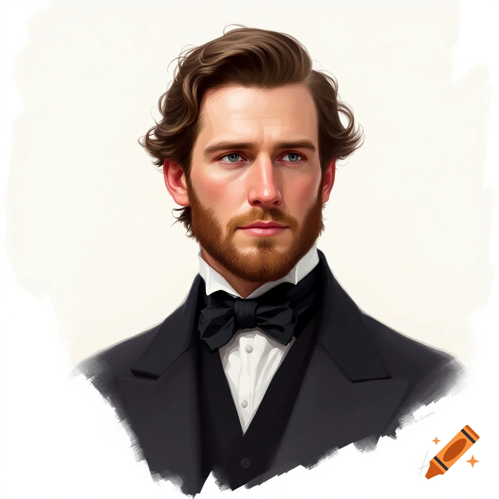 Portrait of a man with brown hair and beard wearing a black suit and bow tie.
