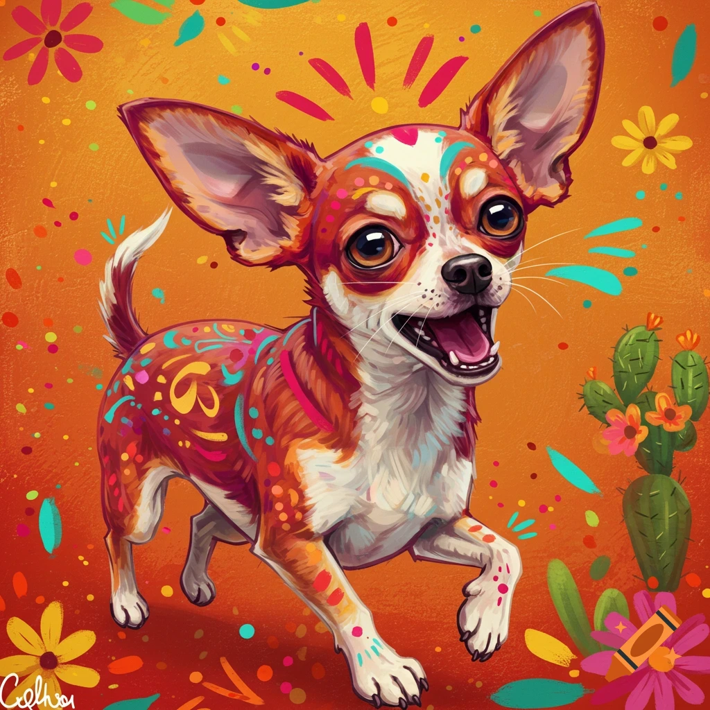 A Chihuahua dog decorated with colorful patterns in a style reminiscent of Day of the Dead, with flowers and cactus.