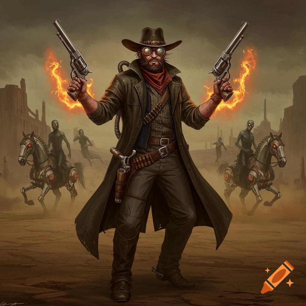 A steampunk cowboy holding revolvers with glowing hands, surrounded by mechanical horses and zombie figures in a wasteland.
