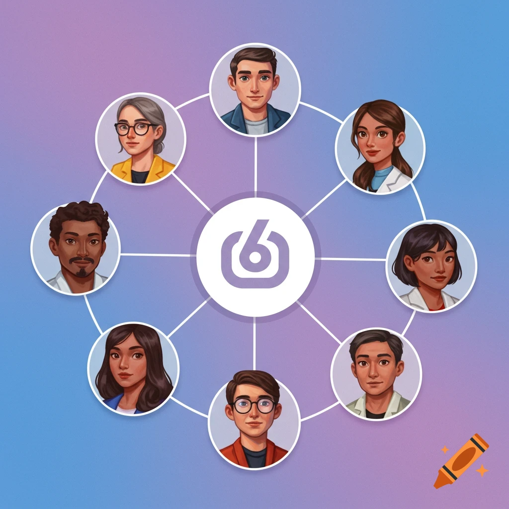 Portraits of diverse business partners connected to a central logo in a network diagram.