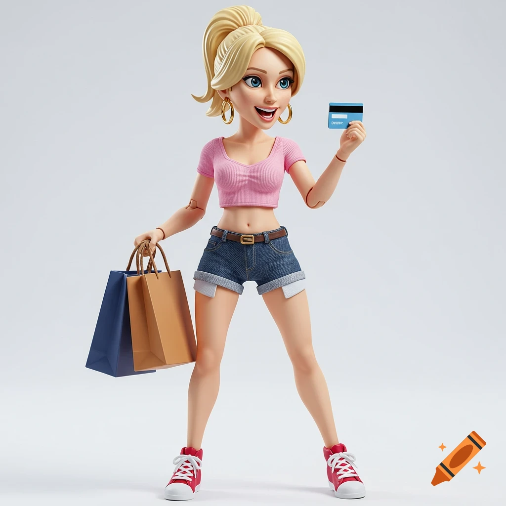 A stylized action figure of a blonde woman in shorts holding shopping bags and a credit card.