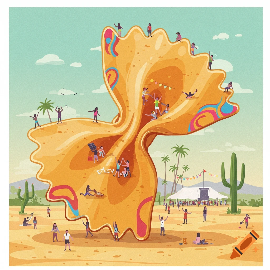 A festival on a giant pasta shape in the desert with many small people