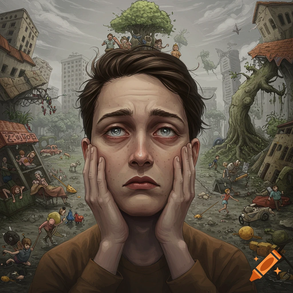 A person holding their face in despair amidst a regressive, collapsing world.