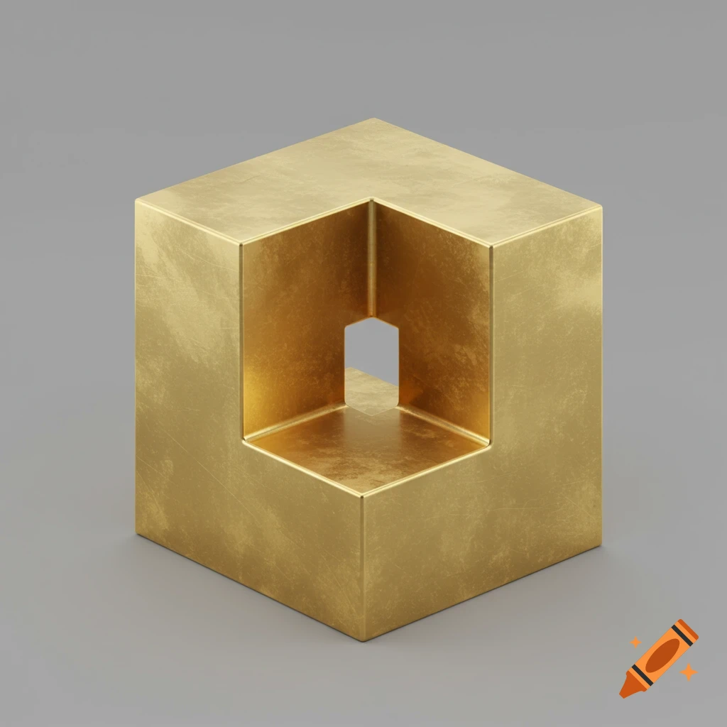 A 3D rendering of a golden cube shape with two sides indented to create an opening through a corner.