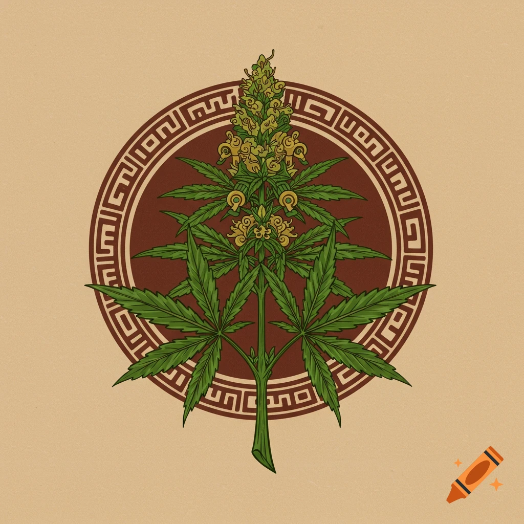 Stylized cannabis plant logo inside a decorative circular border with patterns.