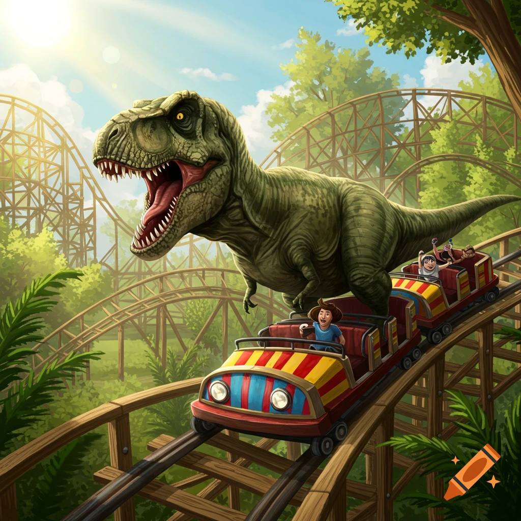 A large T-Rex stands roaring on a wooden rollercoaster track as a car full of riders speeds past in a sunny amusement park.
