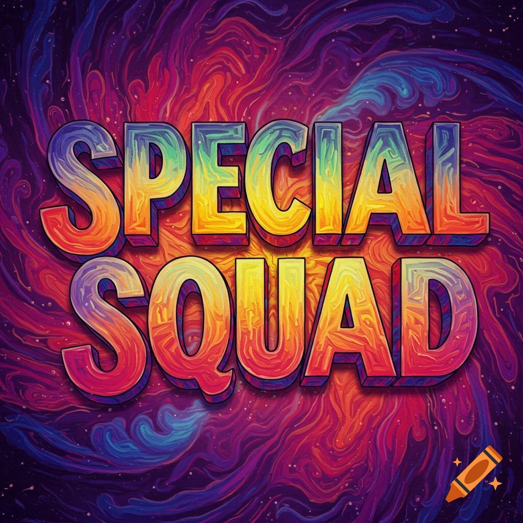 Colorful 3D text 'SPECIAL SQUAD' against a swirling psychedelic space background.