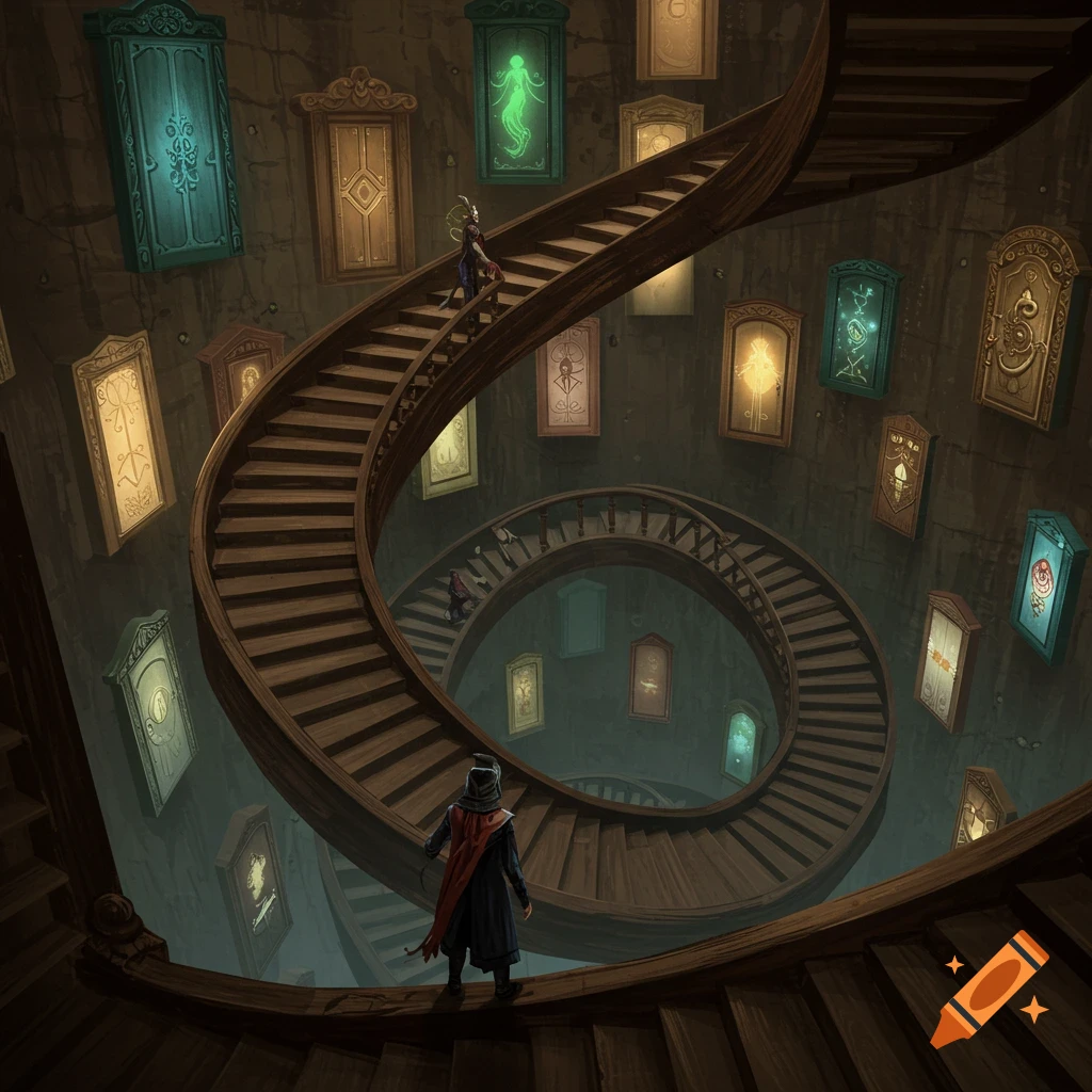 figures on an endless spiral staircase lined with many different doors in a dark fantasy setting.
