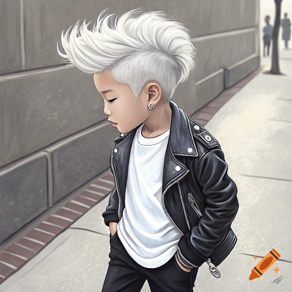 Stylized illustration of a boy with spiky white hair in a leather jacket on a sidewalk
