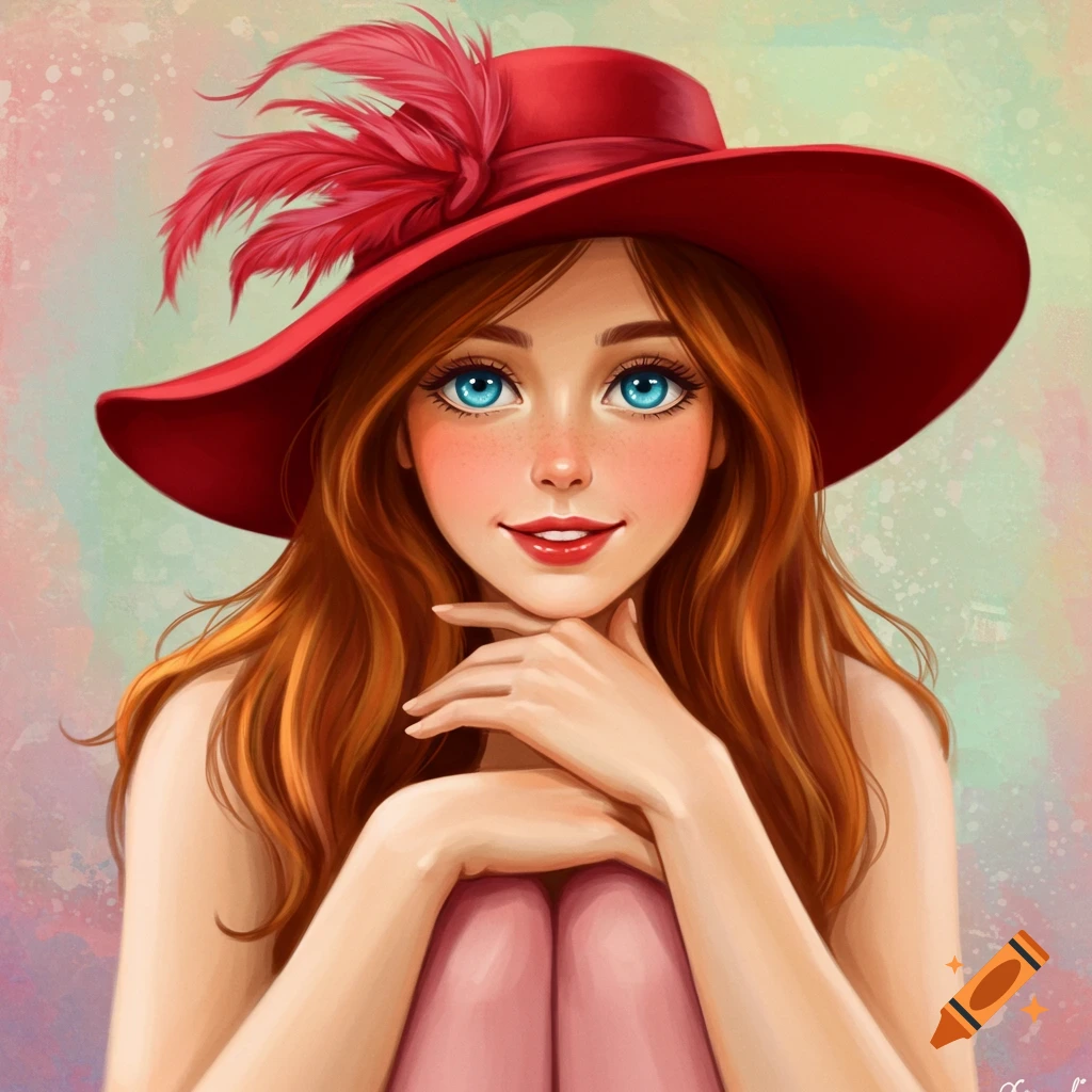 A woman with red hair and blue eyes wearing a large red hat with feathers.