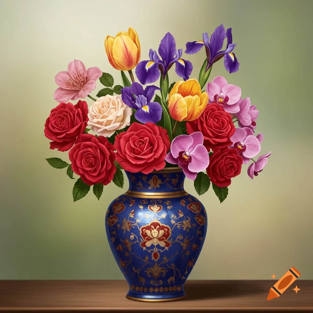 Colorful bouquet of roses, tulips, irises, and orchids in a decorative blue vase on a wooden table.