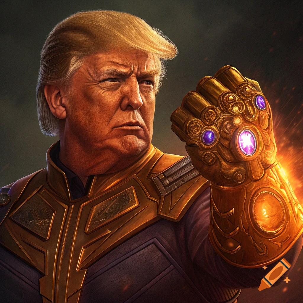 Realistic portrait of a man resembling Donald Trump wearing golden superhero armor and the Infinity Gauntlet