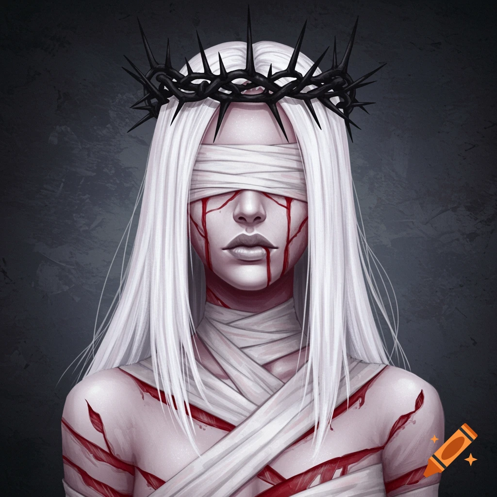 Painted portrait of a blindfolded figure with white hair, a crown of thorns, bandaged body, and stylized blood.