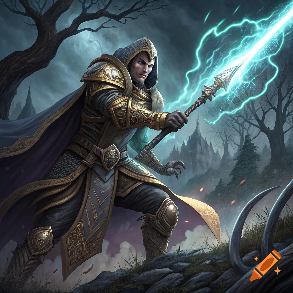 A fantasy warrior in ornate armor and hooded cloak holds a glowing spear in a misty, dark forest landscape.