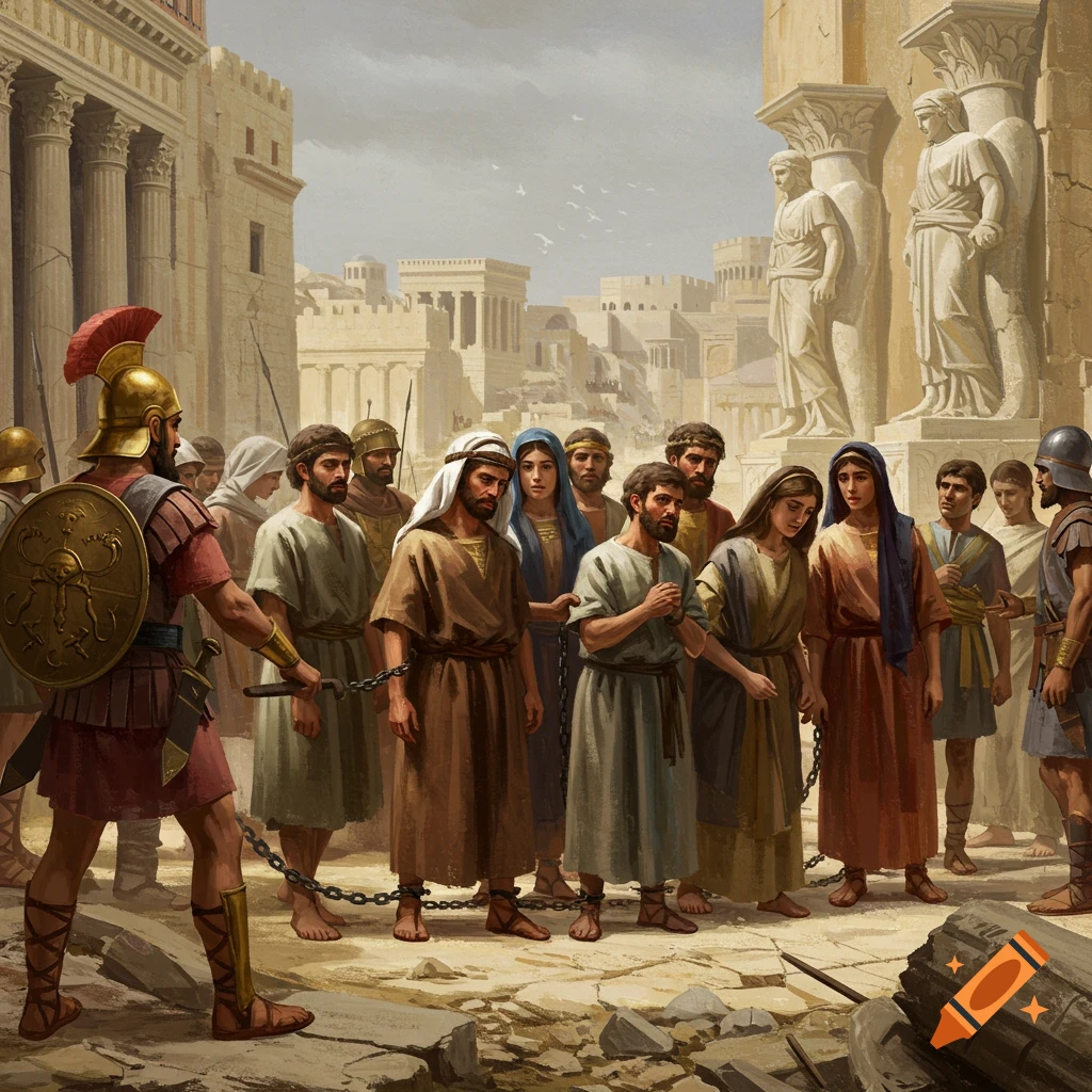 A Roman soldier leads a group of chained people through an ancient city.