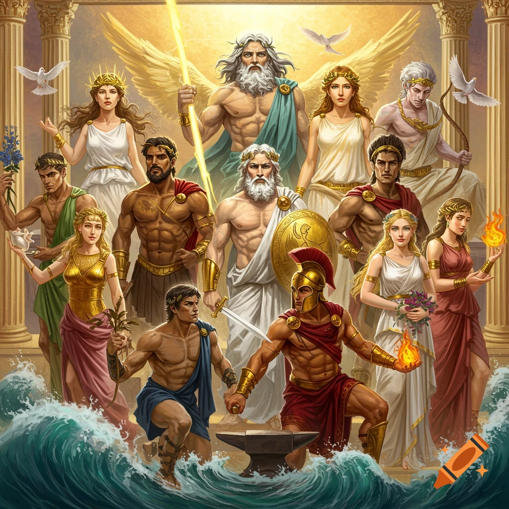 A group of ancient Greek gods and goddesses in a classical setting with waves and pillars.
