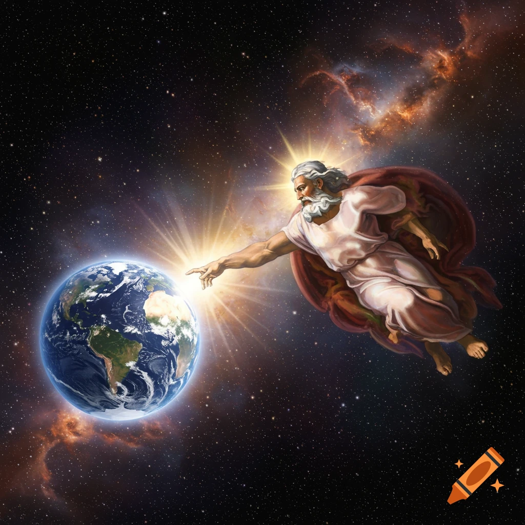 God reaching out to touch the Earth in space.