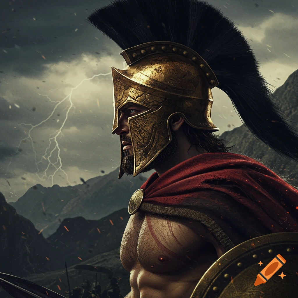 Side profile portrait of a Spartan warrior in a gold helmet and red cape, holding a shield, against a stormy mountain background with lightning.