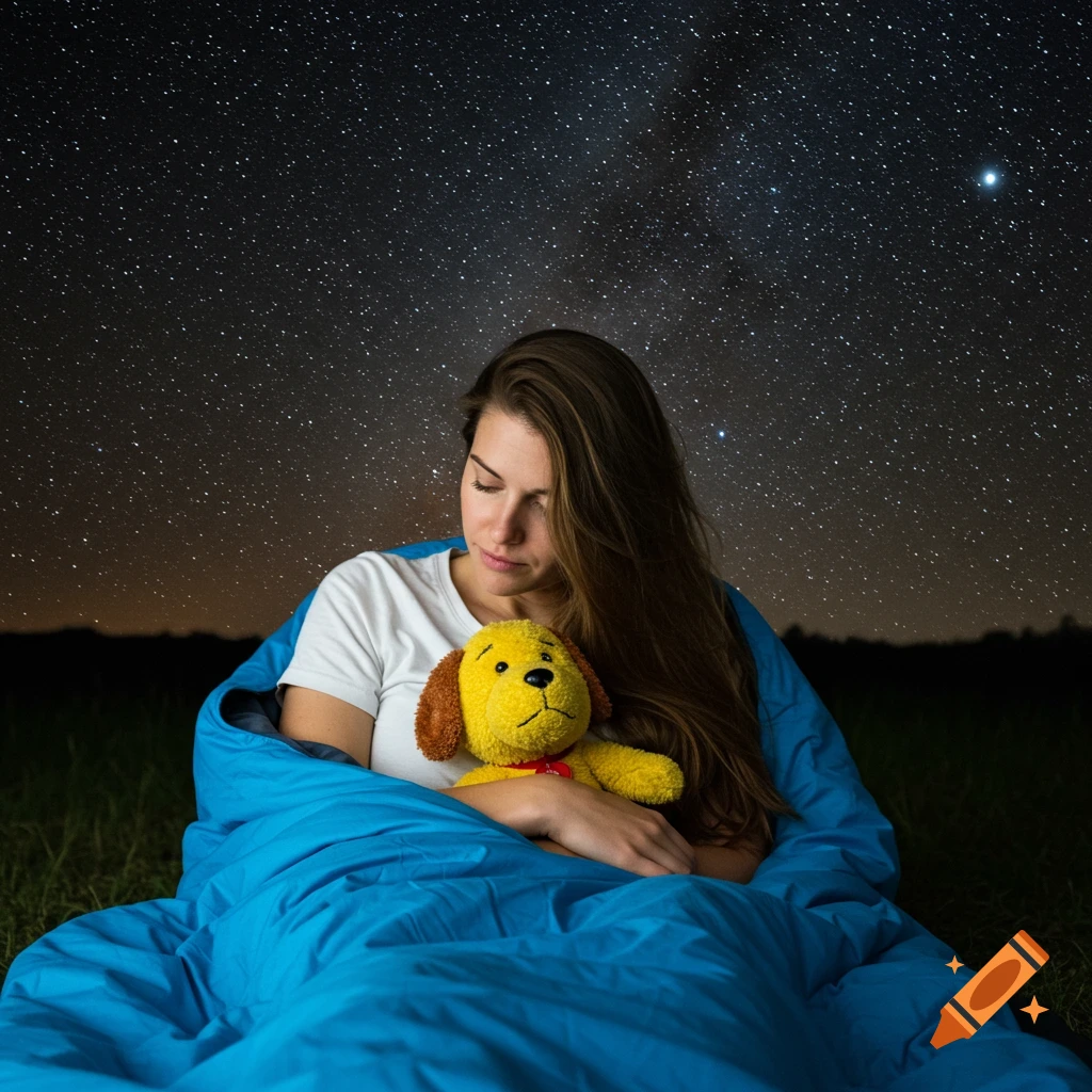 A woman in a blue sleeping bag holds a yellow stuffed dog under a starry night sky.