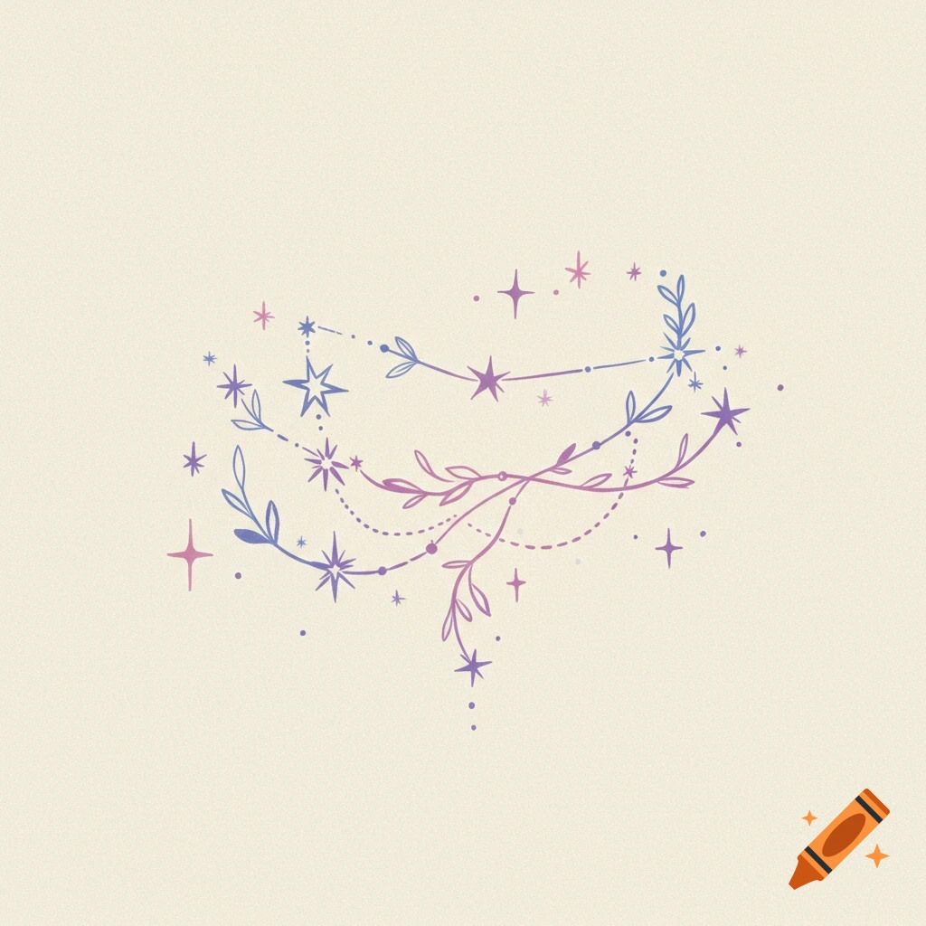 Illustration of stars, dots, and vines in blue, purple, and pink on a light background