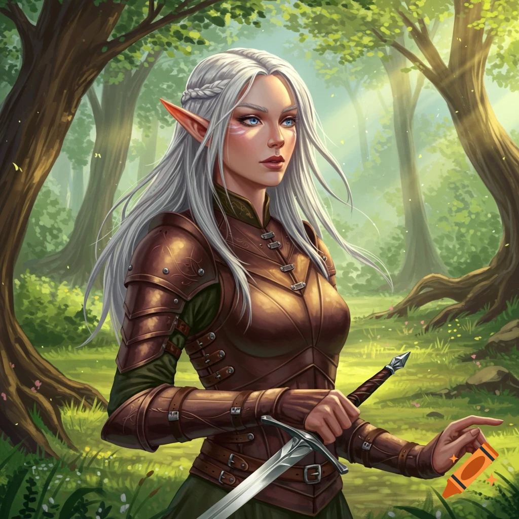 A female elf with white hair and leather armor is holding a sword in a sunny forest.