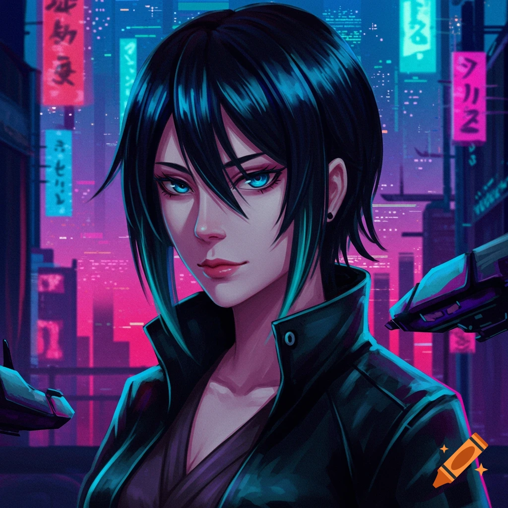 A woman with black hair and blue eyes in a black jacket stands before a neon-lit cyberpunk city at night.